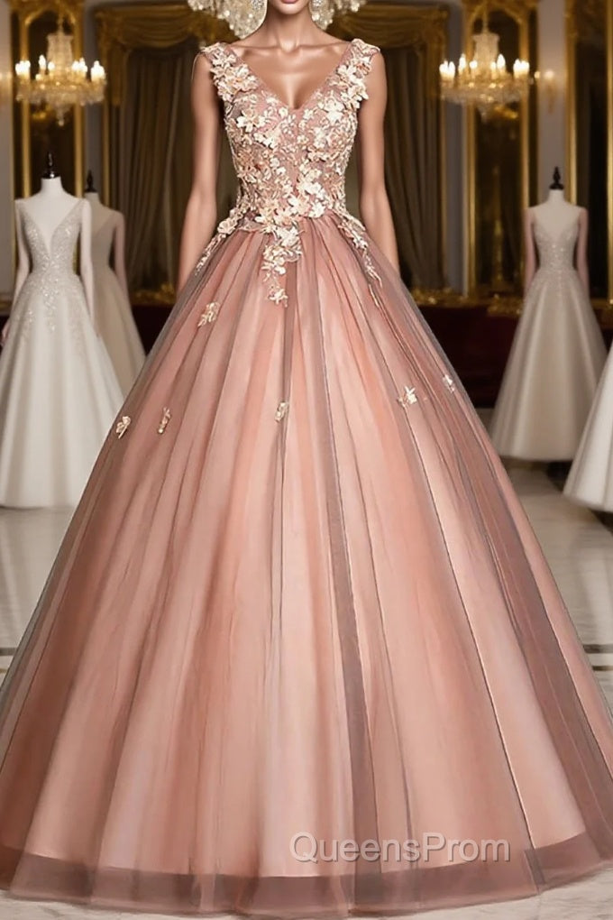 Pink v neck tulle lace long Evening Prom Dress pink tulle formal Dress Main image
