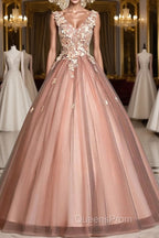 Pink v neck tulle lace long Evening Prom Dress pink tulle formal Dress