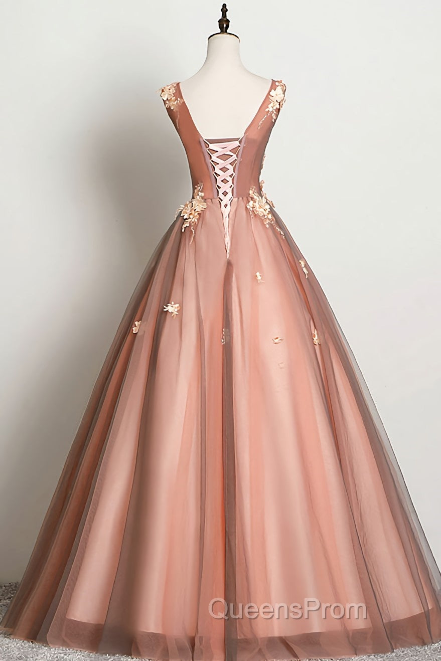 Pink v neck tulle lace long Evening Prom Dress pink tulle formal Dress Secondary image