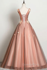 Pink v neck tulle lace long Evening Prom Dress pink tulle formal Dress
