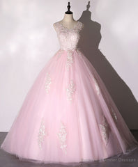 Pink V Neck Tulle Lace Long Prom Dress Pink Tulle Formal Sweet 16 Dress