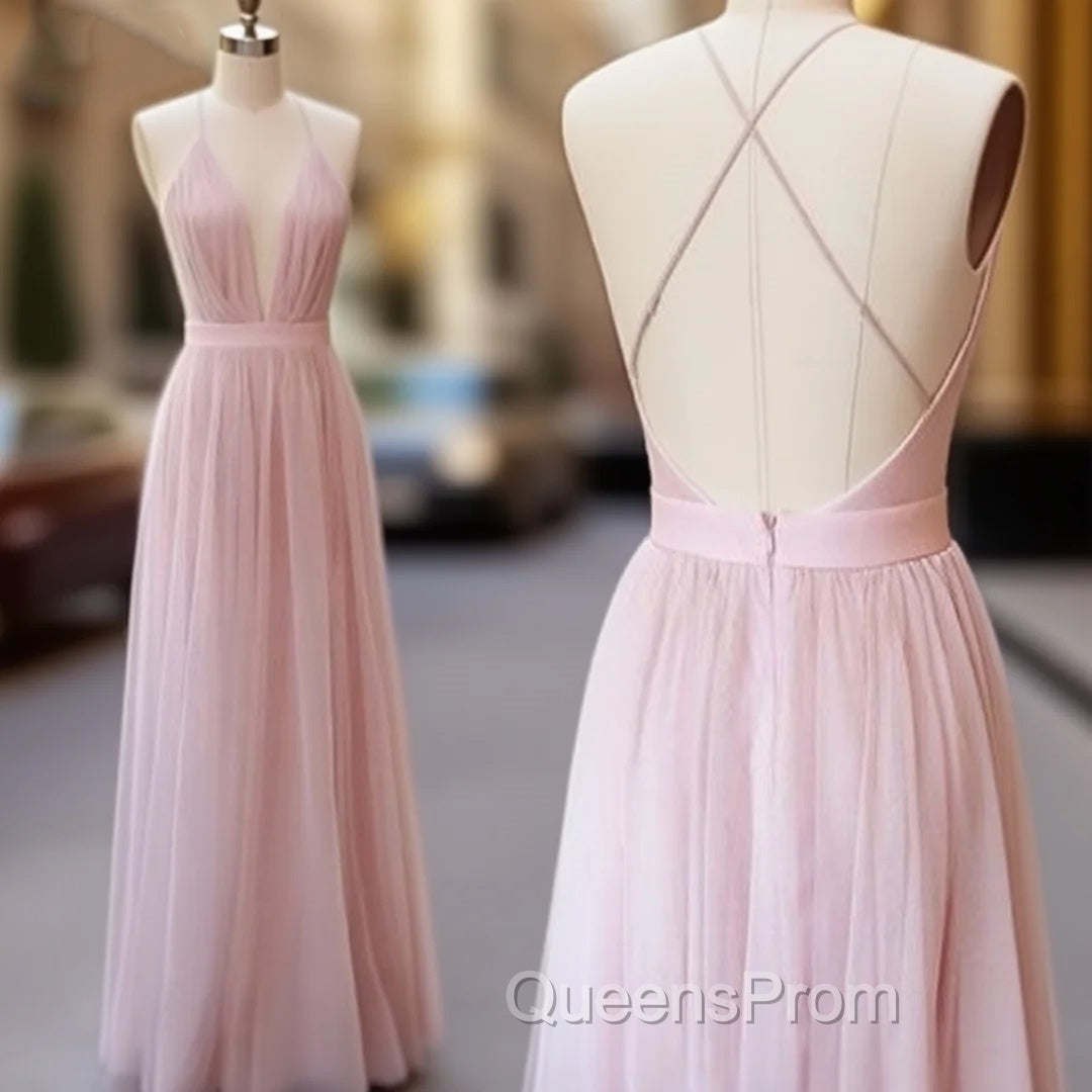 Pink V Neck Tulle Long Evening Prom Dress, Evening Dress Main image
