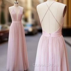 Pink V Neck Tulle Long Evening Prom Dress, Evening Dress