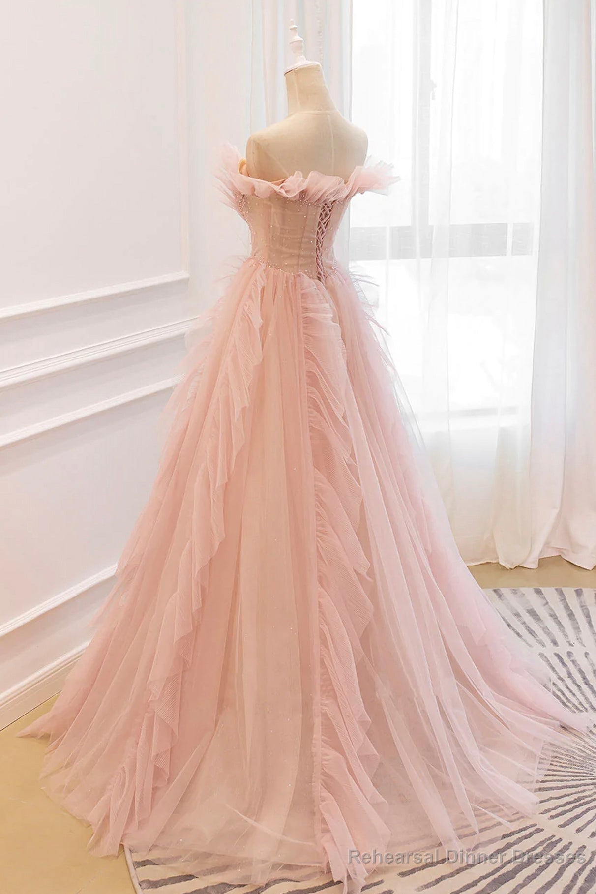 Pink V-Neck Tulle Long Prom Dress, Off the Shoulder Evening Graduation Dress Secondary image