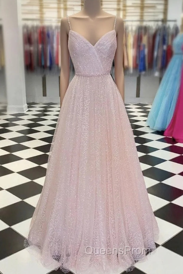 Pink V Neck Tulle Sequin Long Evening Prom Dress Pink Tulle Evening Dress Main image