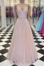 Pink V Neck Tulle Sequin Long Evening Prom Dress Pink Tulle Evening Dress