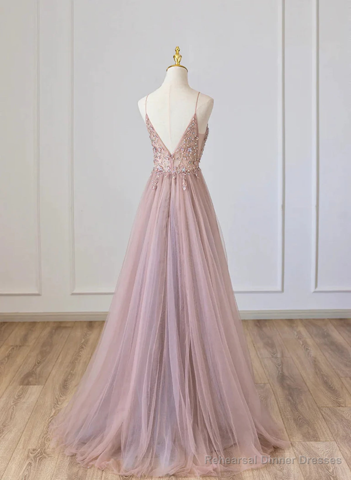 Pink V-neckline Beaded Straps Floor Length Party Dress, Pink Long Formal Dress Secondary image