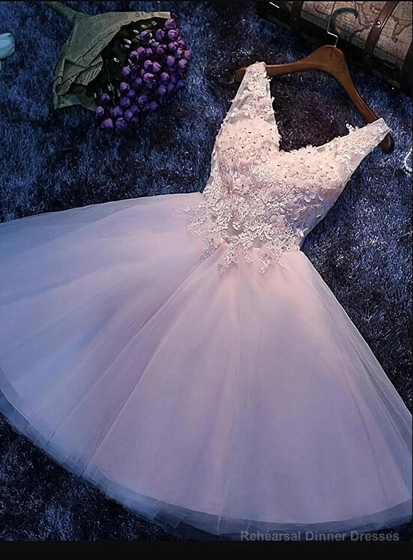 Pink V-neckline Flowers and Lace Applique Party Dress, Short Prom Dress Main image
