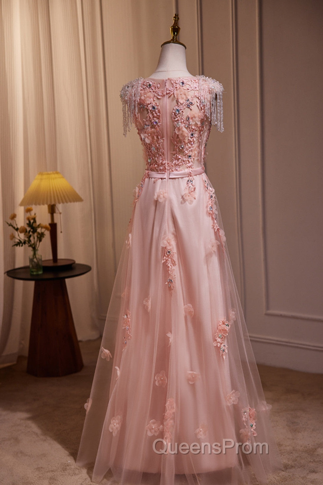 Pink V-Neckline Tulle Beaded With Lace Applique Evening Prom Dress, Pink Party Dress Secondary image