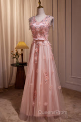 Pink V-Neckline Tulle Beaded With Lace Applique Evening Prom Dress, Pink Party Dress