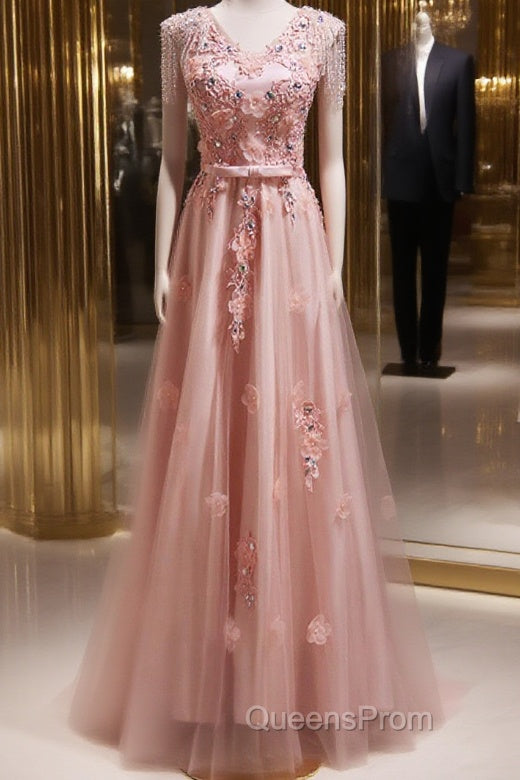 Pink V-Neckline Tulle Beaded With Lace Applique Evening Prom Dress, Pink Party Dress Main image