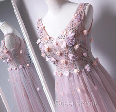 Pink V-Neckline Tulle With Flowers Beaded Long Party Dress, Junior Evening Prom Dress