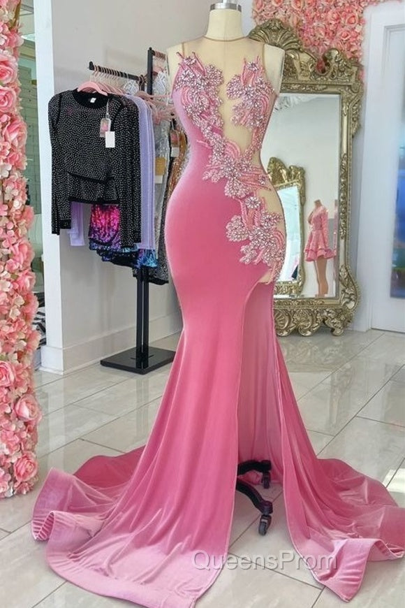 Pink Velvet Applique Beaded Evening Prom Dress, Sexy Mermaid Slit Evening Dress Main image