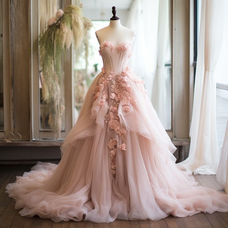 Pink Vintage A-Line Sweetheart Lace Tulle Long Classy Evening Gown Applique Wedding Dress Main image