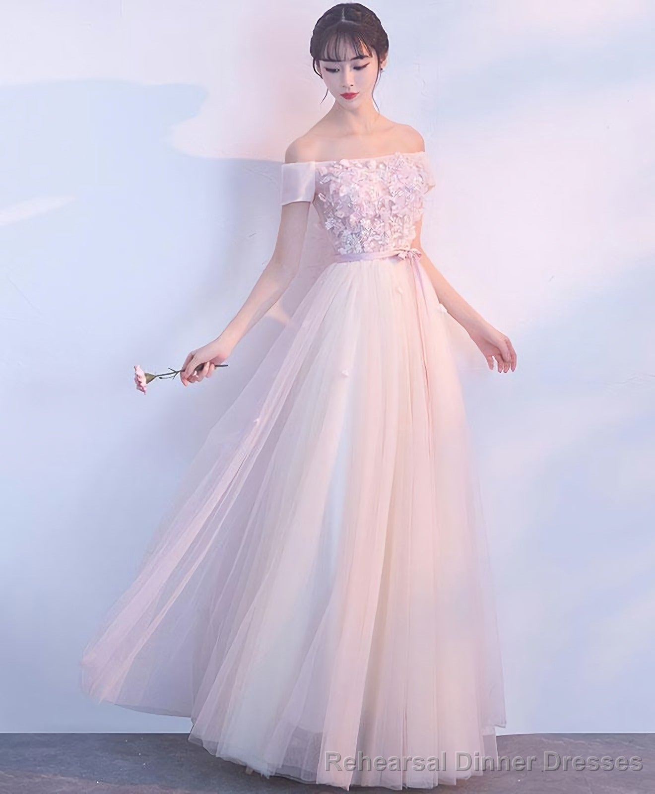 Pink Tulle Off Shoulder Long Prom Dress Pink Evening Dress Main image