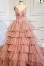 Blue V Neck Tiered Sleeveless Tulle Evening Prom Dress, Gorgeous Long Party Dress