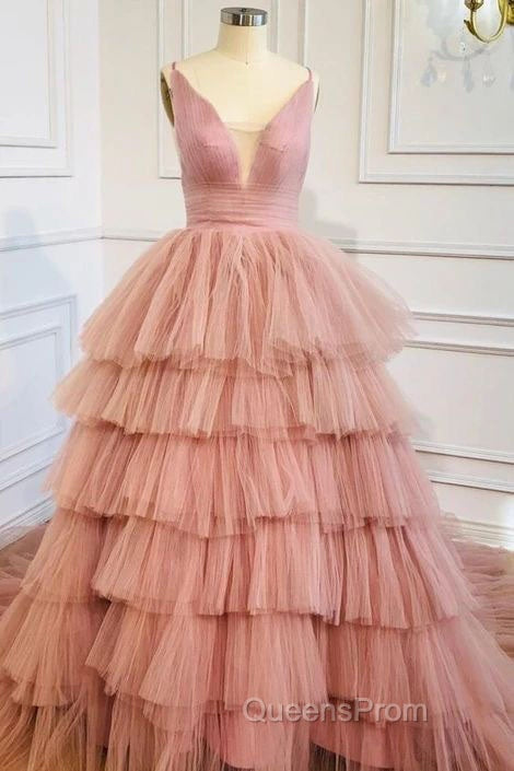 Blue V Neck Tiered Sleeveless Tulle Evening Prom Dress, Gorgeous Long Party Dress