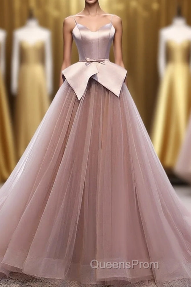 Pink Spaghetti Straps Tulle Long Formal Evening Prom Dress, Unique Long Wedding Dess Main image
