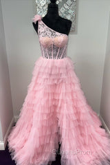 One Shoulder Lace and Tulle Tiered Ruffle Evening Prom Dress