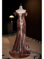 Pleat Trumpet Mermaid Coffee Sequin Evening Prom Dress With Slit