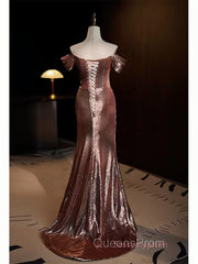 Pleat Trumpet Mermaid Coffee Sequin Evening Prom Dress With Slit