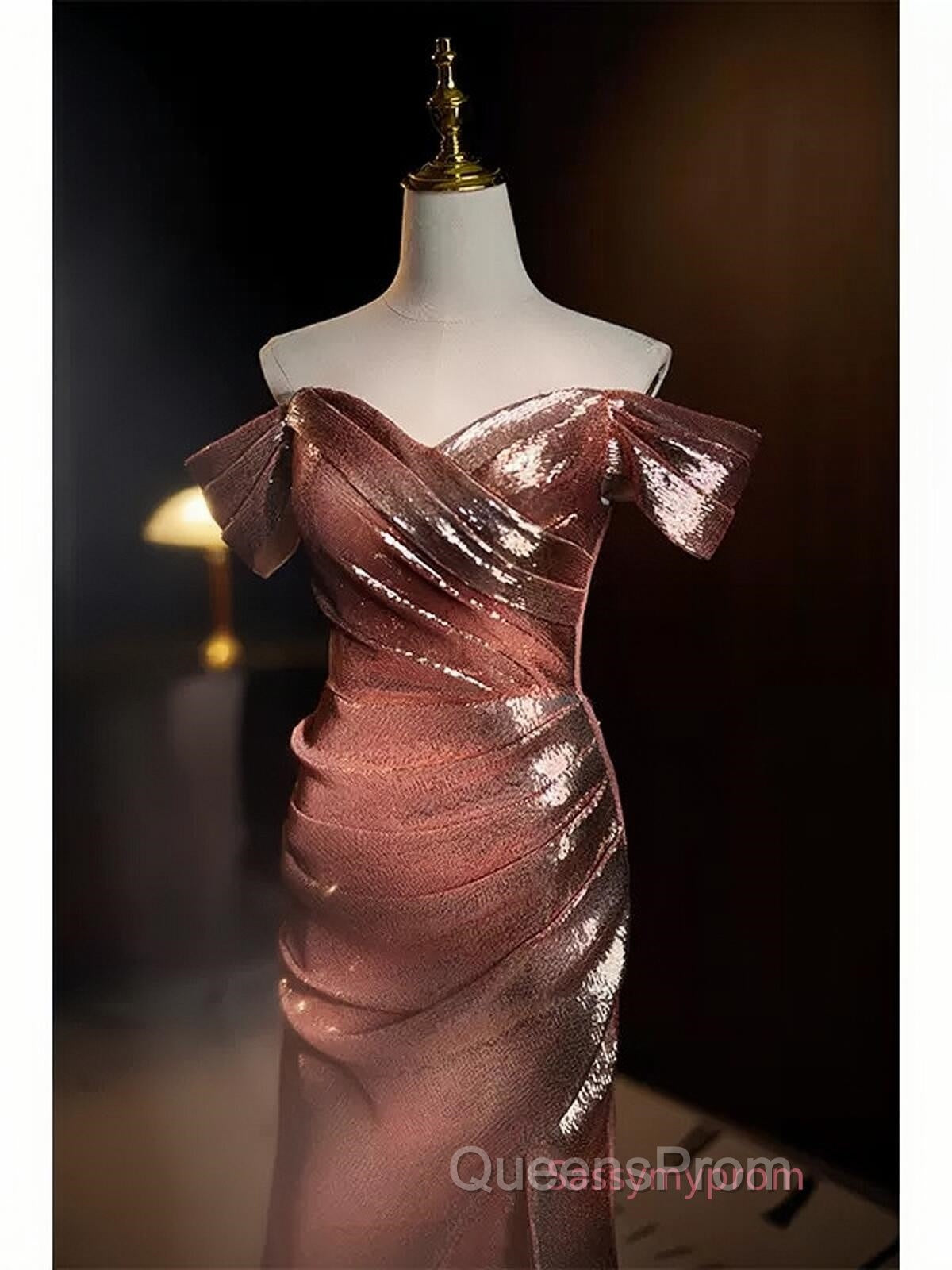 Pleat Trumpet Mermaid Coffee Sequin Evening Prom Dress With Slit