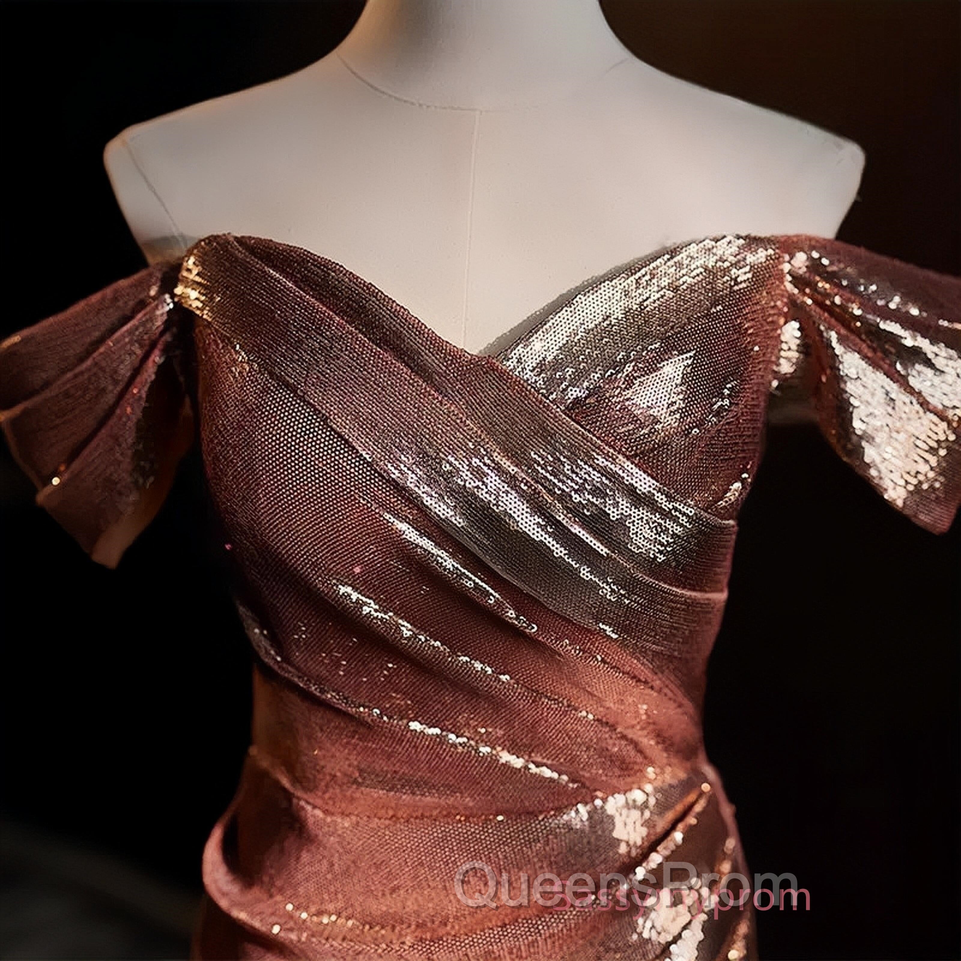 Pleat Trumpet Mermaid Coffee Sequin Evening Prom Dress With Slit
