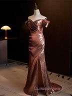 Pleat Trumpet Mermaid Coffee Sequin Evening Prom Dress With Slit