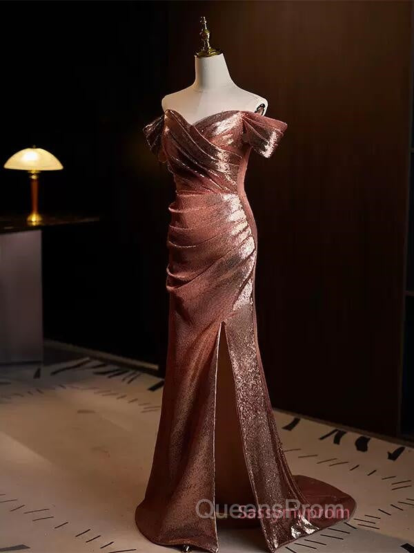 Pleat Trumpet Mermaid Coffee Sequin Evening Prom Dress With Slit