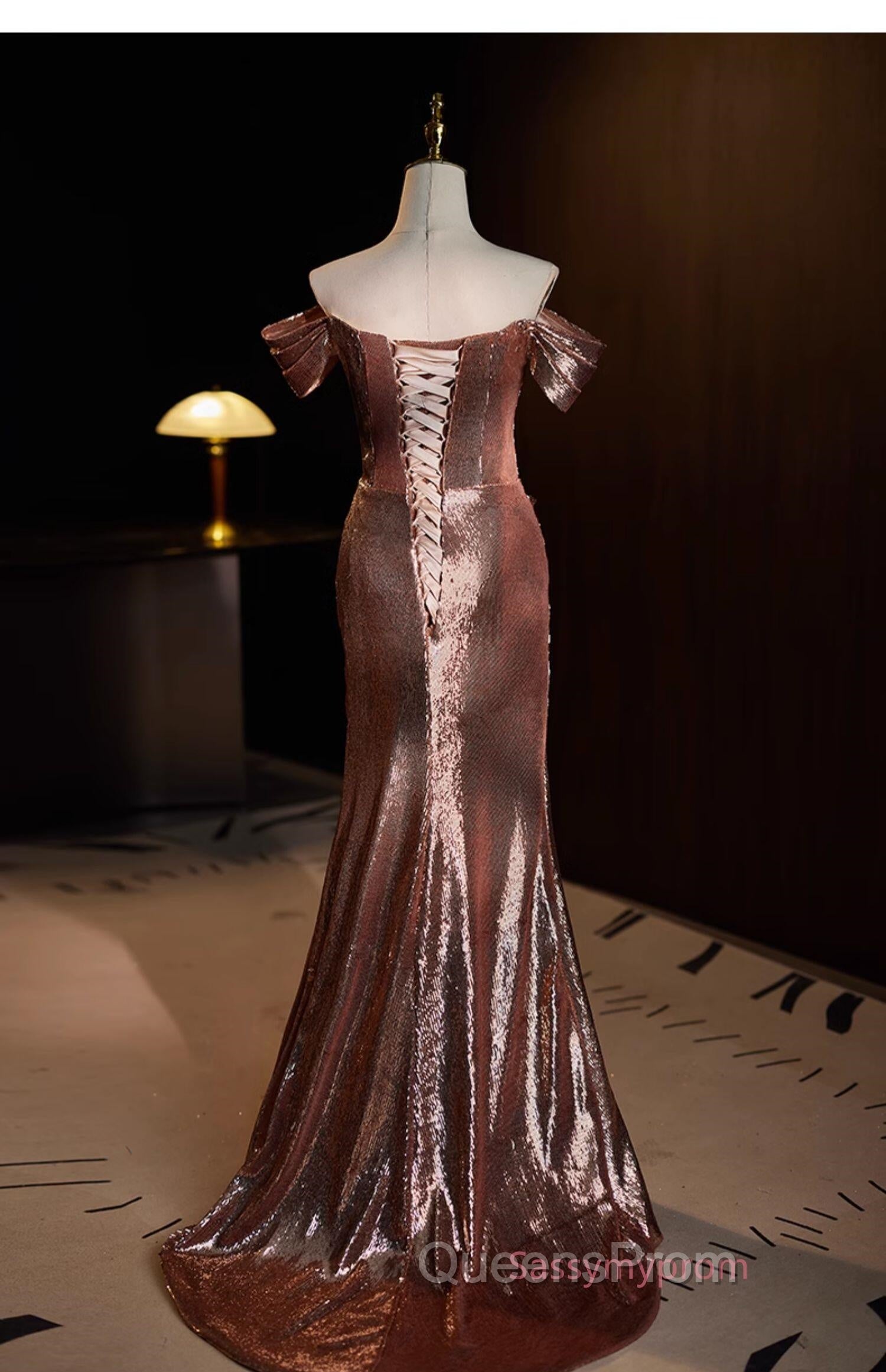 Pleat Trumpet Mermaid Coffee Sequin Evening Prom Dress With Slit