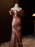 Pleat Trumpet Mermaid Coffee Sequin Evening Prom Dress With Slit