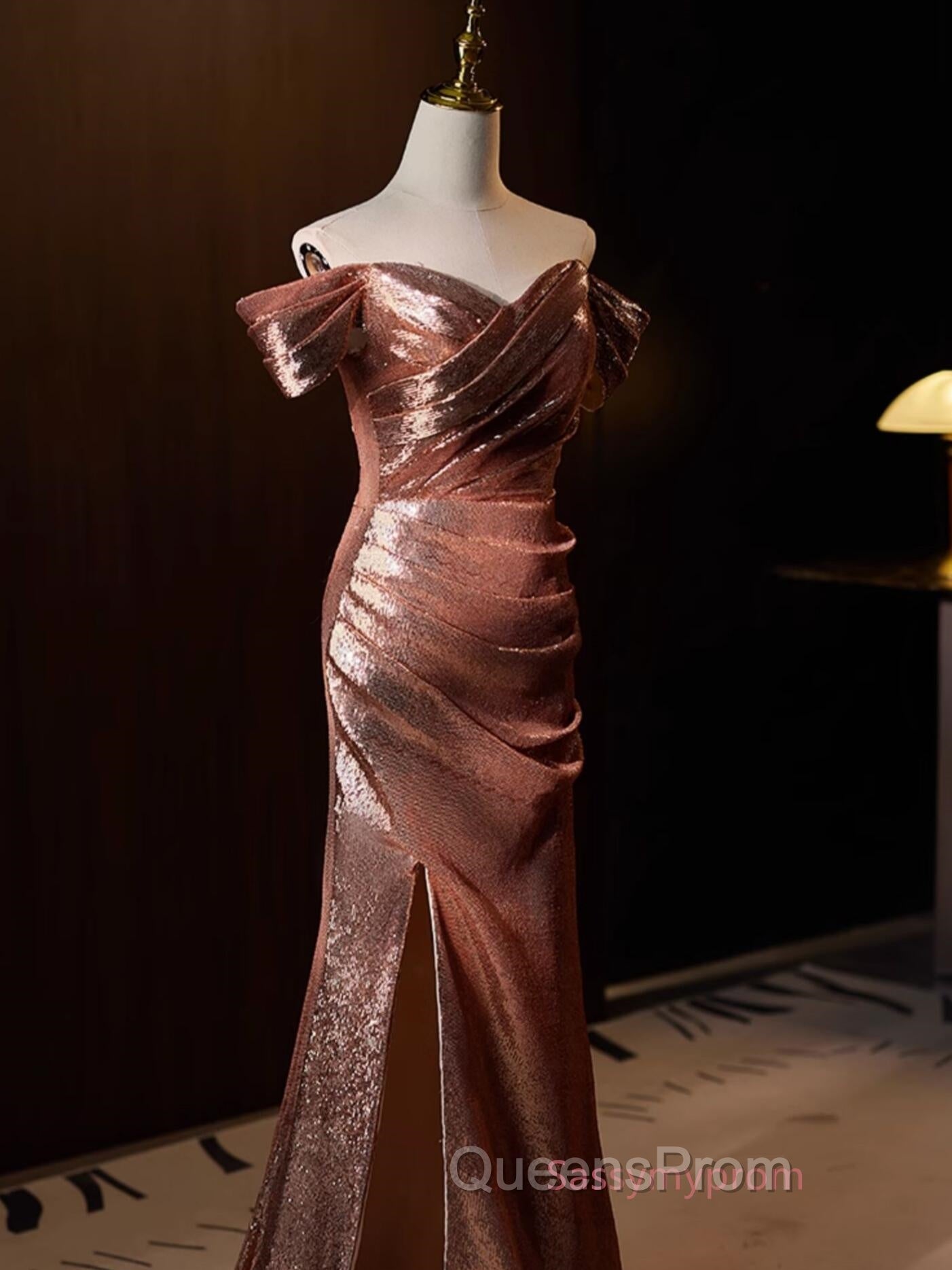 Pleat Trumpet Mermaid Coffee Sequin Evening Prom Dress With Slit