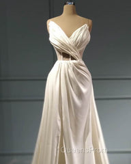 Pleated V Neck High Slit Satin Wedding Dress