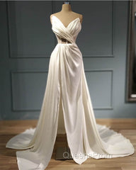 Pleated V Neck High Slit Satin Wedding Dress