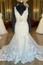 Plunging V Neck Appliques Trumpet Sweeping Wedding Dress