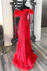 Plunging V-Neck Red Feather Shoulder Long Evening Prom Dress Gala Evening Gown