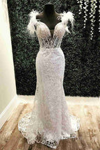 Plunging V-Neck Red Feather Shoulder Long Evening Prom Dress Gala Evening Gown