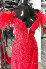 Plunging V-Neck Red Feather Shoulder Long Evening Prom Dress Gala Evening Gown