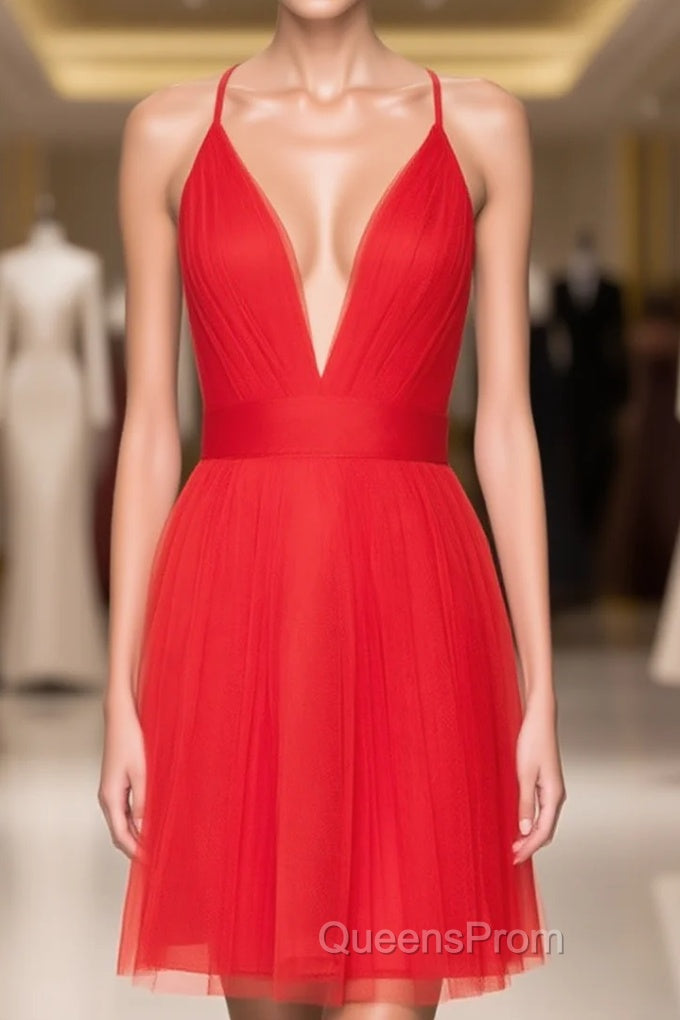 Plunging V Neck Tulle Short A-line Homecoming Dress With Pleated