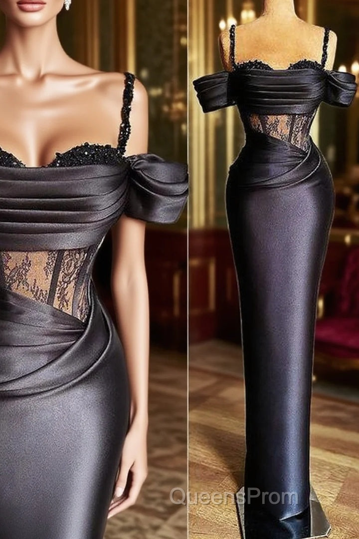 Plus Size Arabic Aso Ebi Black Lace Beaded Evening Prom Dress Spaghetti Sheath Satin Evening Formal Party Second Reception Gowns Main image