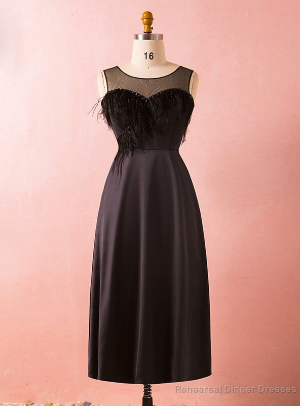 Plus Size Black Satin Short Little Black Prom Dress With Feather Main image