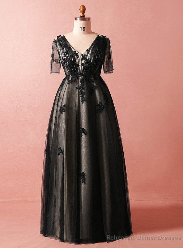 Plus Size Black Tulle Short Sleeve Empire Waist V-neck Prom Dress Main image