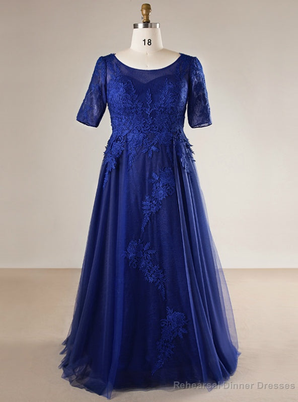 Plus Size Blue Tulle Appliques Short Sleeve Long Prom Dress Main image