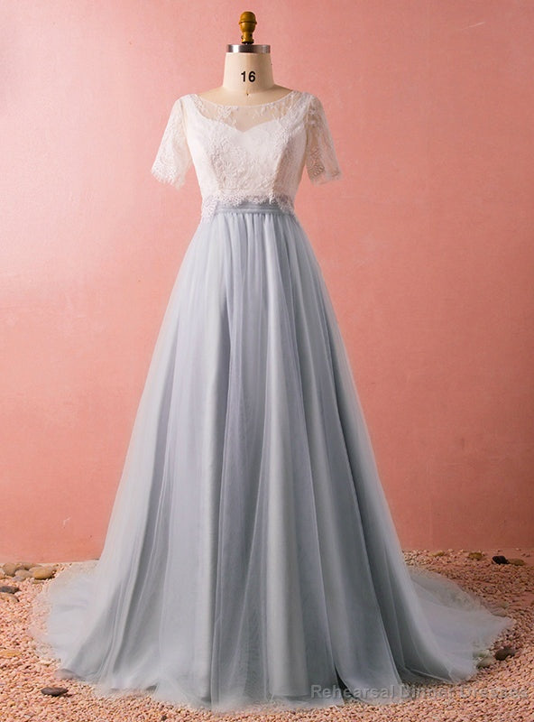 Plus Size Gray Tulle Lace Two Piece Short Sleeve Prom Dress Main image