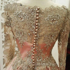 Plus Size Muslim Evening Dress A-Line Long Sleeves Pearls Lace Islamic Dubai Kaftan Saudi Arabic Long Evening Gown