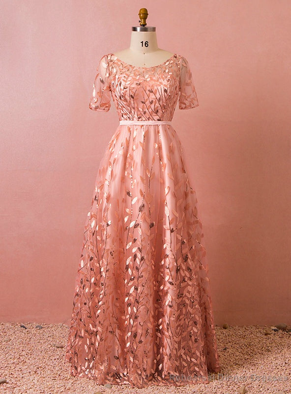 Plus Size Pink Tulle Sequins Short Sleeve Backless Prom Dress Main image