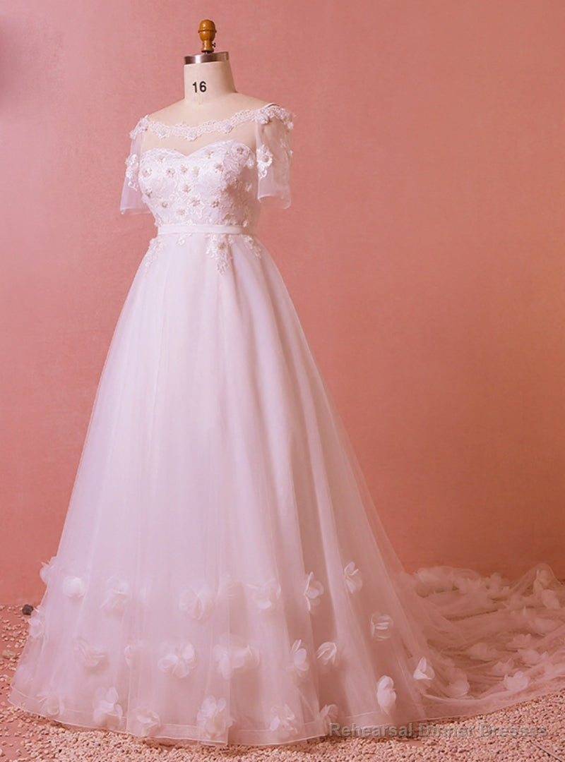 Plus Size White Short Sleeve Tulle Off The Shoulder Wedding Dress Main image