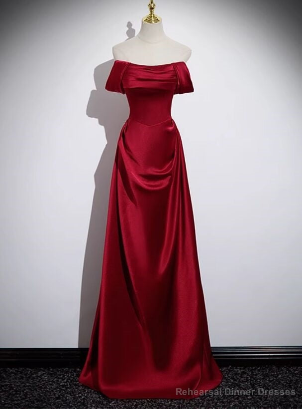 Popular Burgundy Satin Off the Shoulder Pleats Prom Dress Main image
