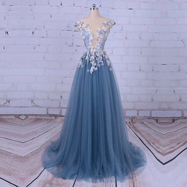 Popular Handmade Flowers V-neck Blue A-line Classy Prom Gown Dress Secondary image