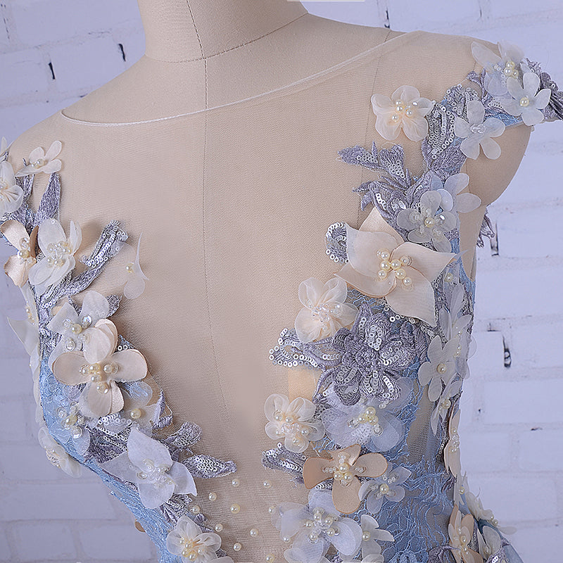 Popular Handmade Flowers V-neck Blue A-line Classy Prom Gown Dress